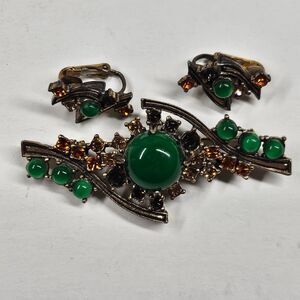 Miracle Brooch & Clip On Earrings Set Green Stones Brown Rhinestones Vintage MCM